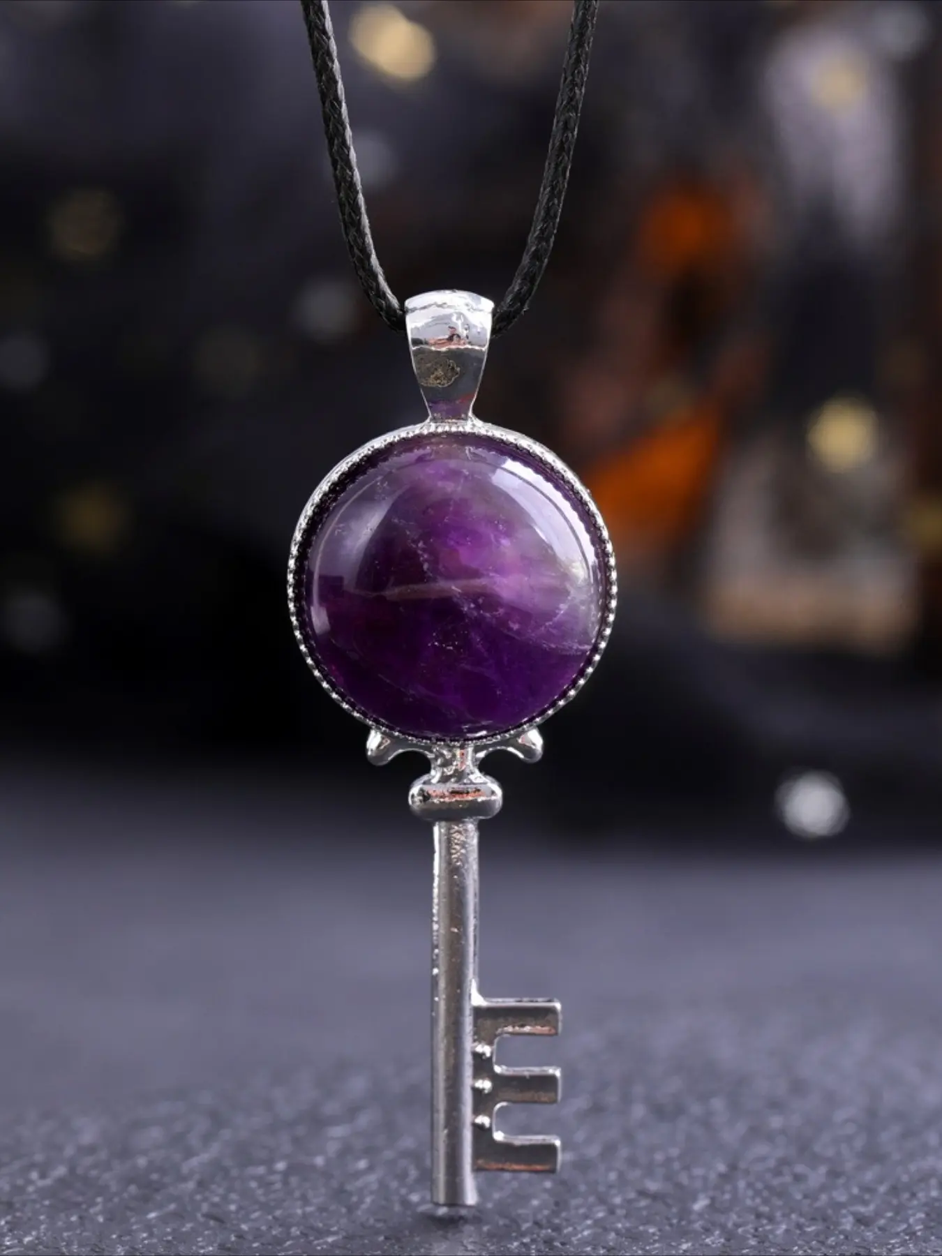 Natural Amethyst Key Pendant Necklace, Crystal Pendants, Round Crystal Healing Stone Key Charm Spiritual Jewelry Gift