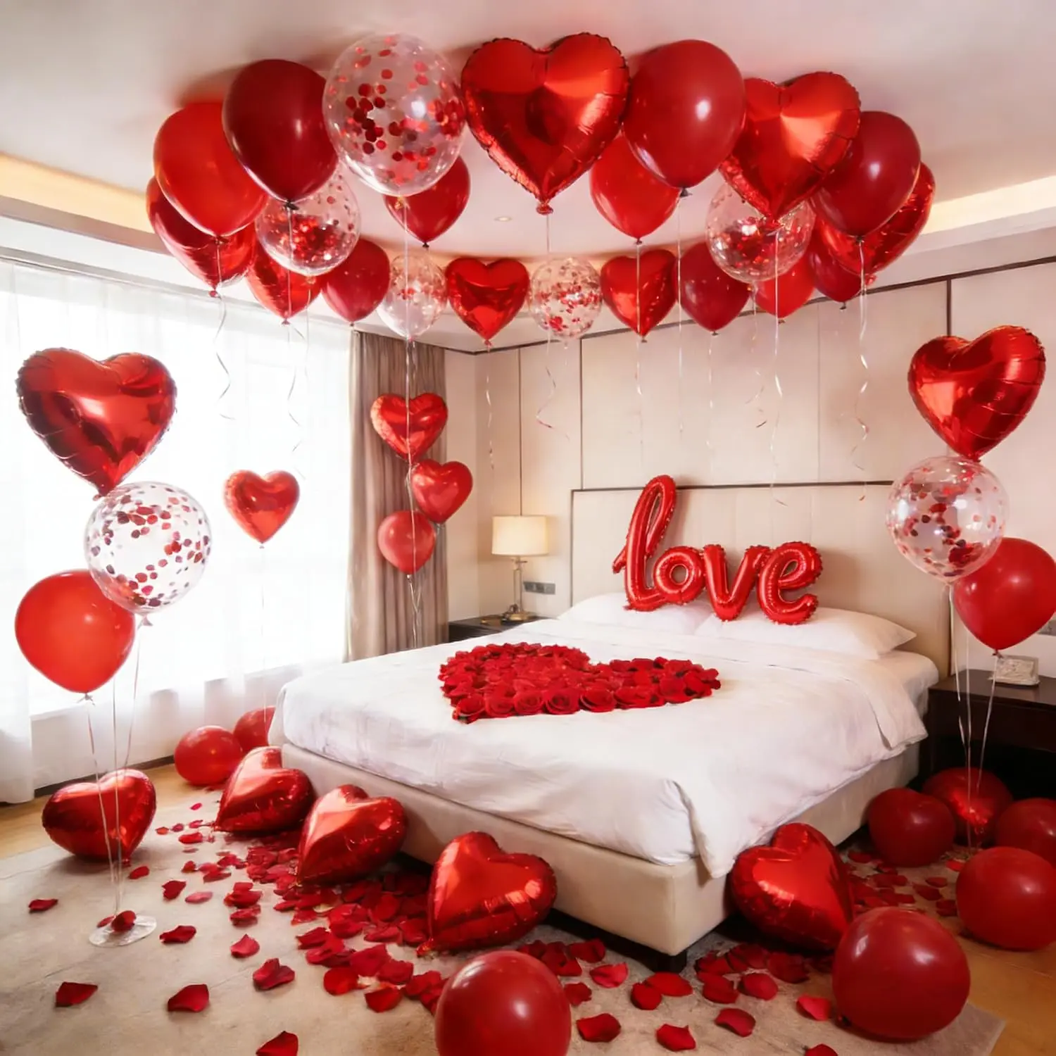 Valentines Day Decorations Set Love Balloons and  Balloons With  Rose Petals for Valentines Day Galentines Party Decorations Proposal Wedding Anniversary Decor