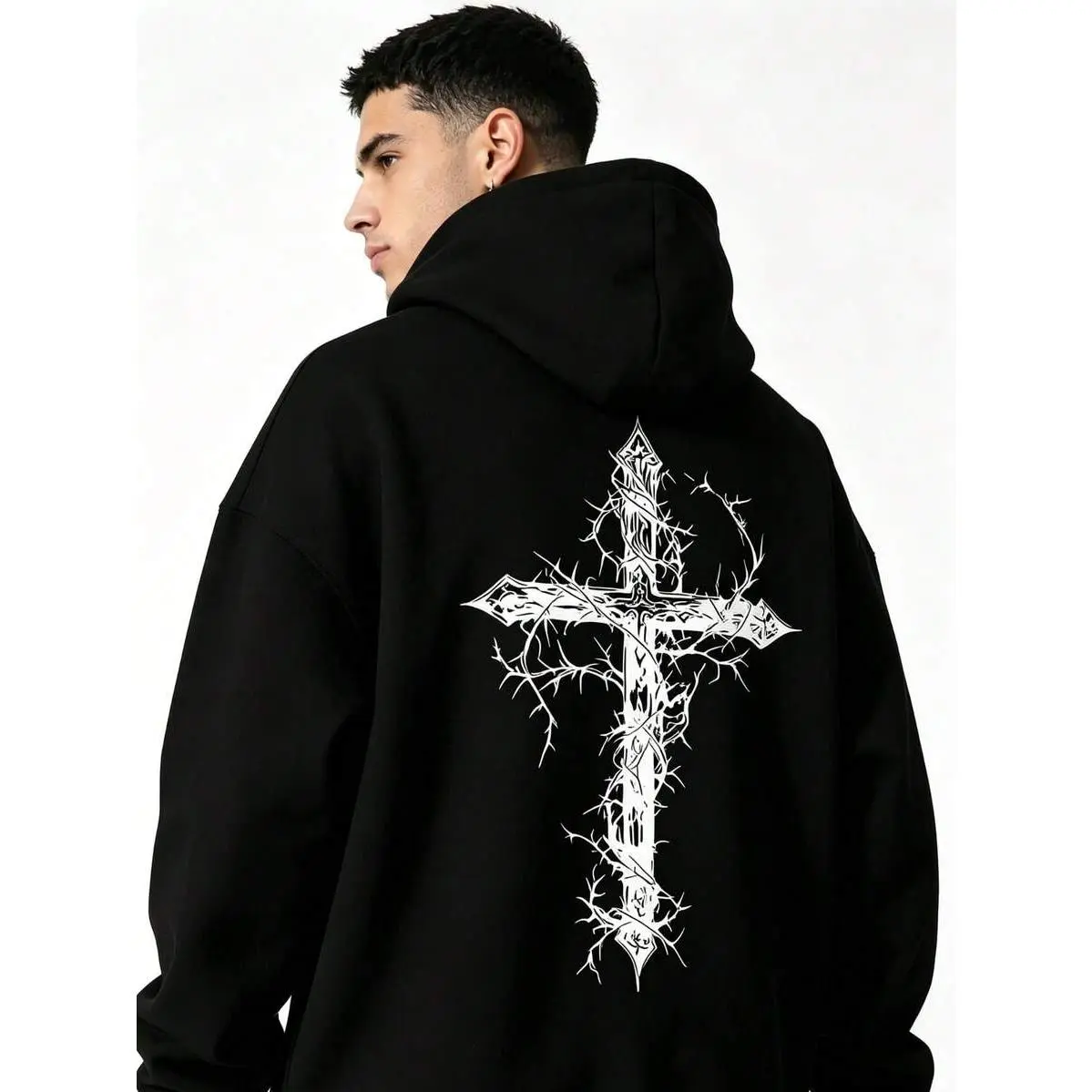 Men's Fashionable Hooded Sweatshirt – Black Printed Hoodie With Thorny Cross Graphic, Oversized Pullover Streetwear,