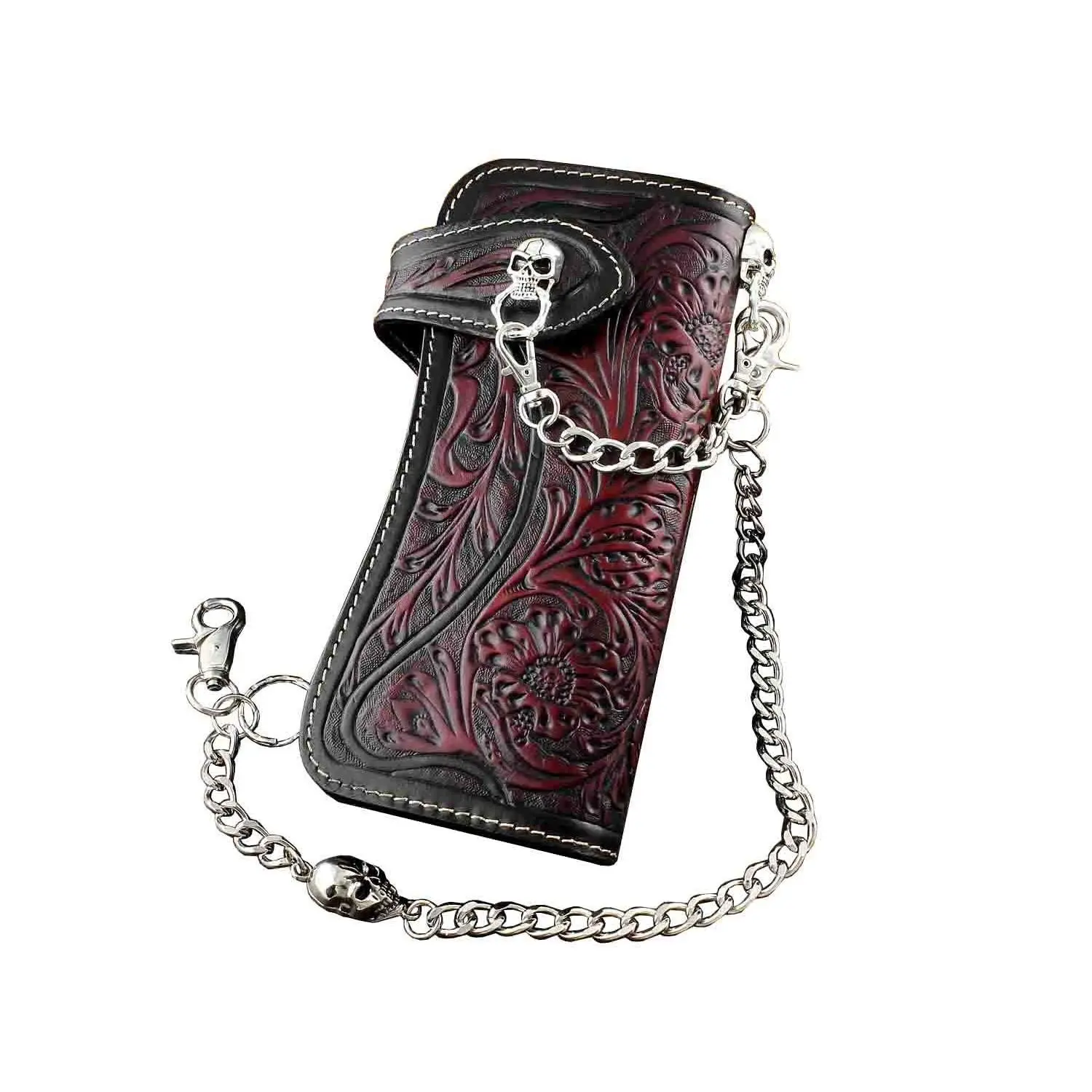 Skull Chain Wallet Long Leather Craft Bag With Metal Chain For Mens