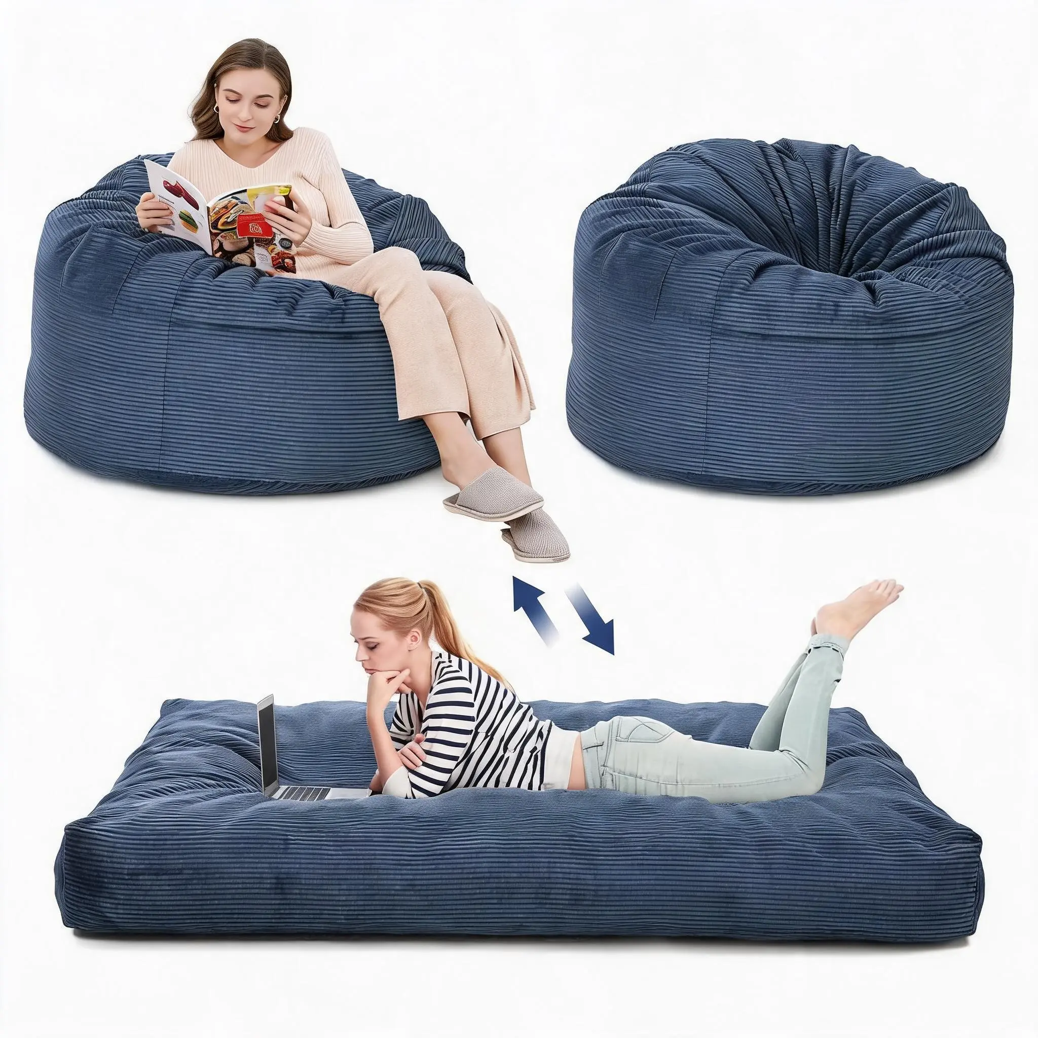 Convertible Bean Bag Chair to Full Size Bed – Giant 4ft Memory Foam Filled Beanbag Sofa with Washable Cover, 2-in-1 Guest Bed Lounger for Adults Kids