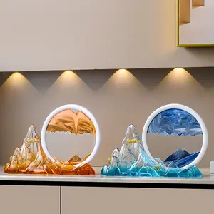 CChinese Style Resin Mountain Sand Painting Table Lamp Feng Shui Ornament, LED Round Frame Dynamic Quicksand Landscape Decor, Stabilize Career Attract Wealth Clear Negative Energy, Luxury Gift for Housewarming Office Opening
