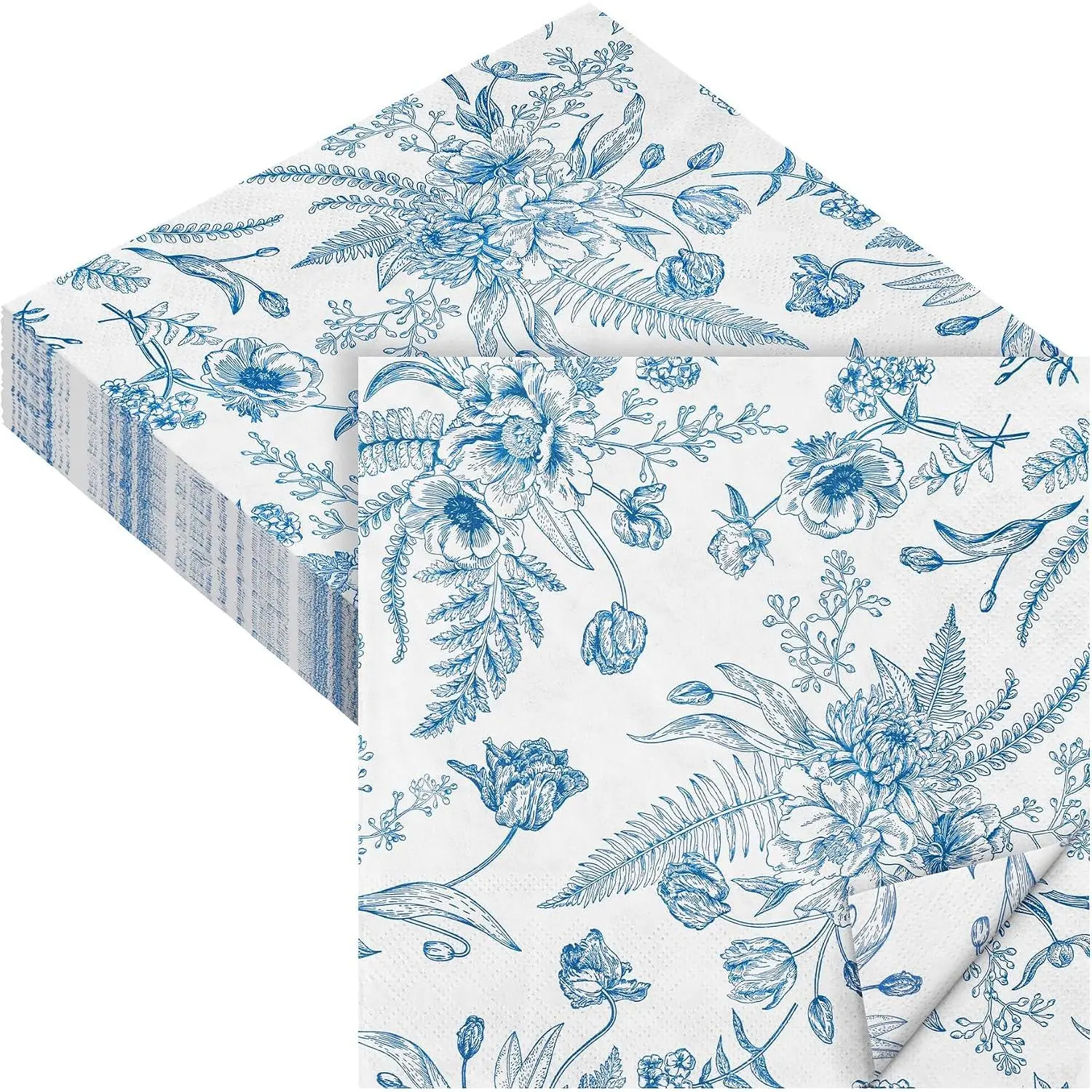 48 count Floral Paper Napkins Disposable Blue Floral Napkins Blue and White  Dinner Napkin Set 13" x 13" Unfolded Decoupage Tableware Napkins for Garden Party Supplies