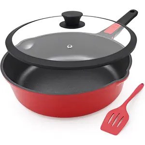 12 Inch Deep Frying Pan with Lid, Large Nonstick Skillet, 5 Qt Saute Pan with Detachable Handle, Compatible with All Stoves, Induction Ready, Oven Safe, PFOA Free, Red