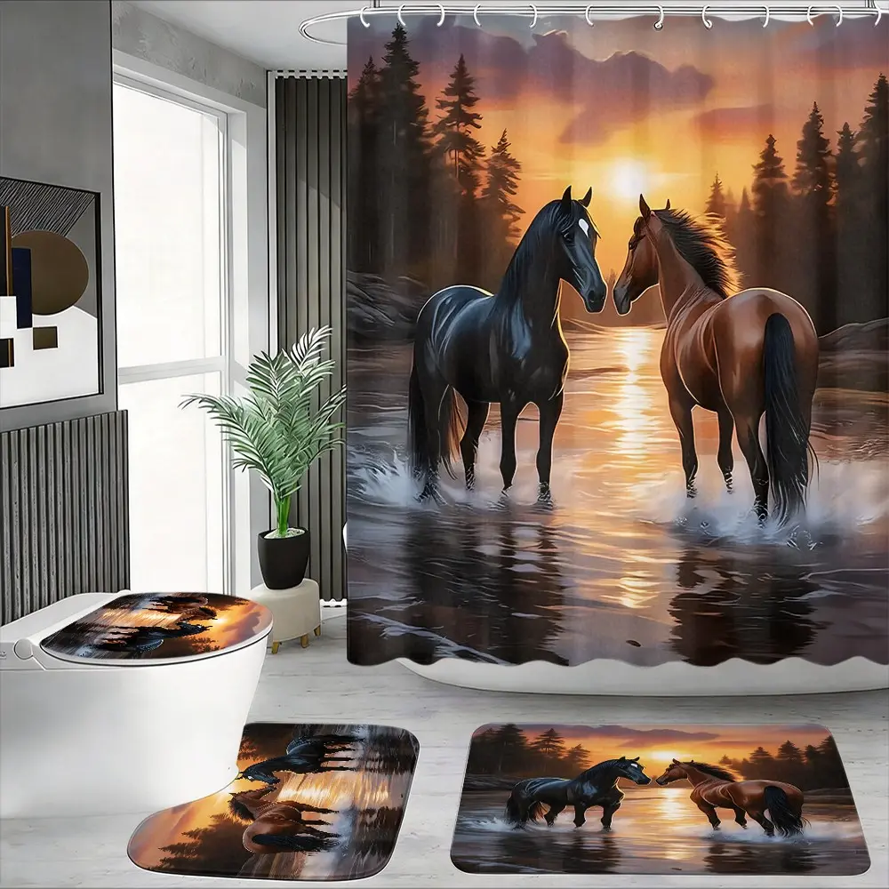 4pcs Sunset Pine Forest Two Horses Standing In Lake Water Reflection Shower Curtain Bathroom Decor Set, thicker softer floor mat, Shower Curtain Set With Rugs, Country Shower Curtain