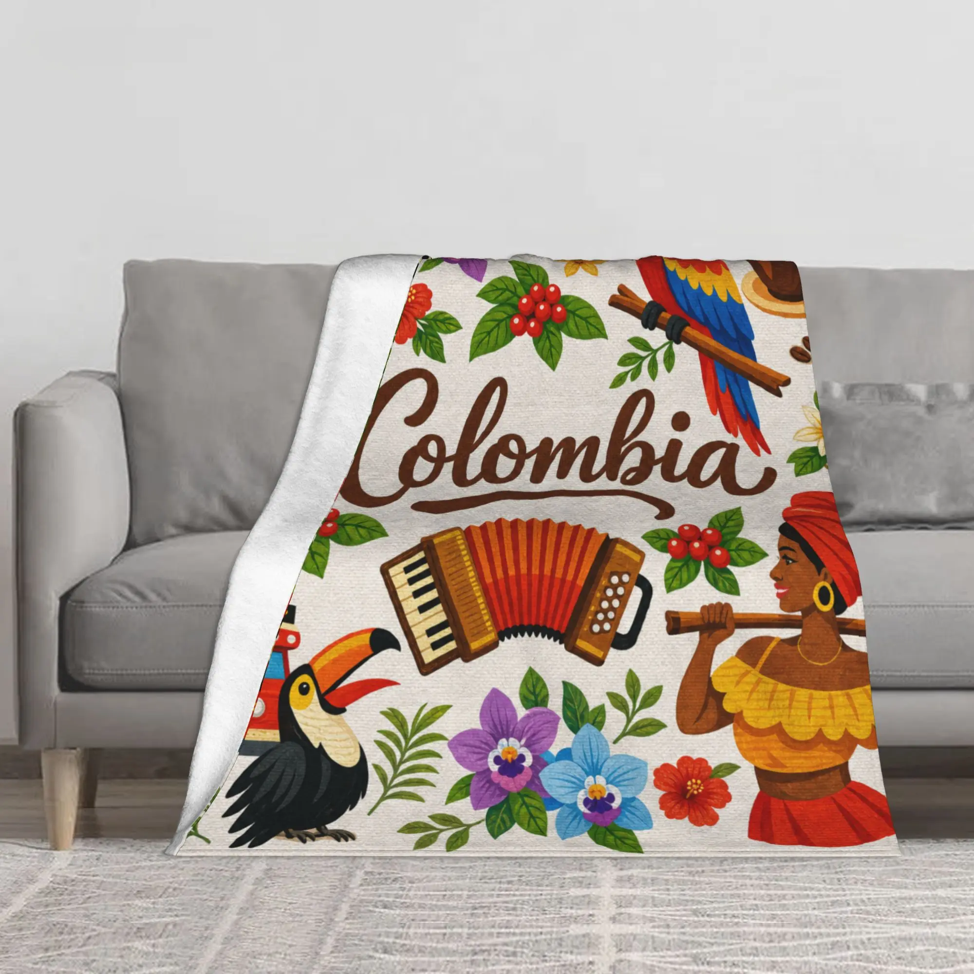 Colombia Culture Flannel Throw Blanket Soft Warm 280GSM Plush Blanket for Couch Bed Sofa Tropical Toucan Accordion Floral Art Travel Souvenir Gift Blanket,disposable,Portable