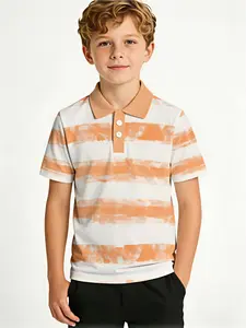 Boys' polo shirt featuring a horizontal irregular stripe print, a lightweight and breathable artistic style, and a soft watercolor peach-coral design