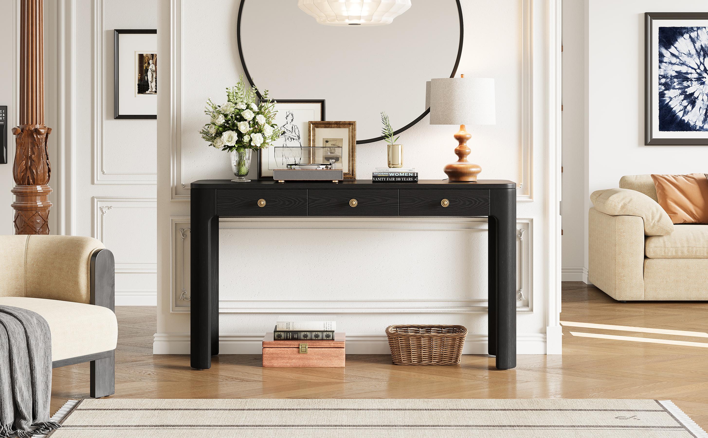 TREXM Rustic Console Table with Curved Corners for Safety, Entryway Table with 3 Concealed Drawers, Sturdy Sofa Table with Thick Legs for Hallway & Living Room