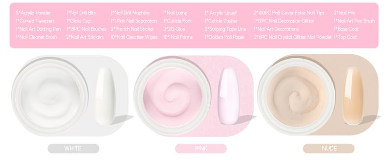 Acrylic Nail Kit with Drill and U V Light, Professional Nail Kit Acrylic Set for beginners with Everything 3PC Powder 24PC Glitter Fake Tips Decoration Nails Set DIY Home Salon