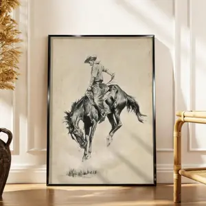 Cowboy Riding Bucking Bronco Poster |   Western Rustic Canvas Wall Art for Bedroom & Living Room