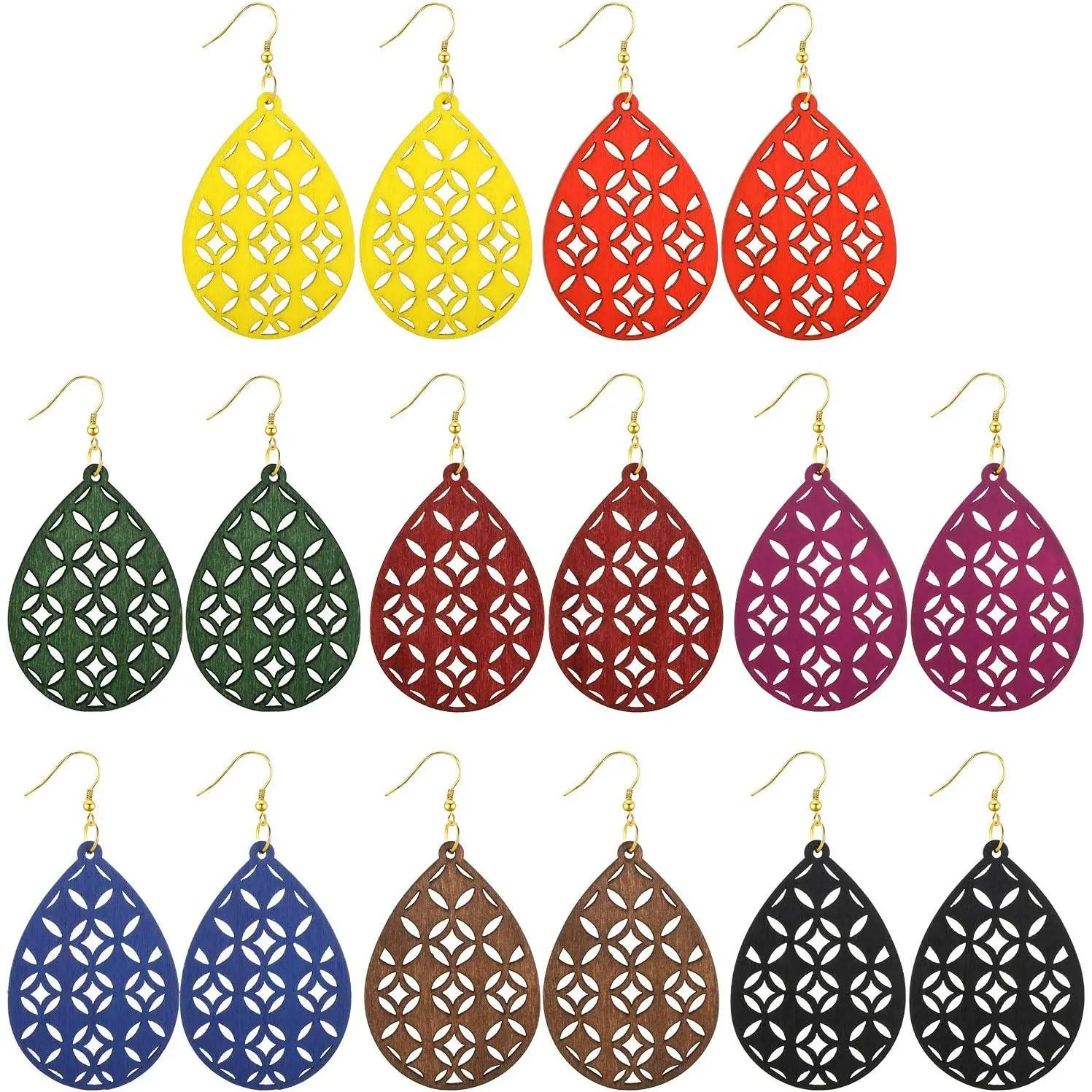 8 Pairs Women Lightweight Bohemian Earrings Wooden Teardrop Cut-Out Dangle Earrings