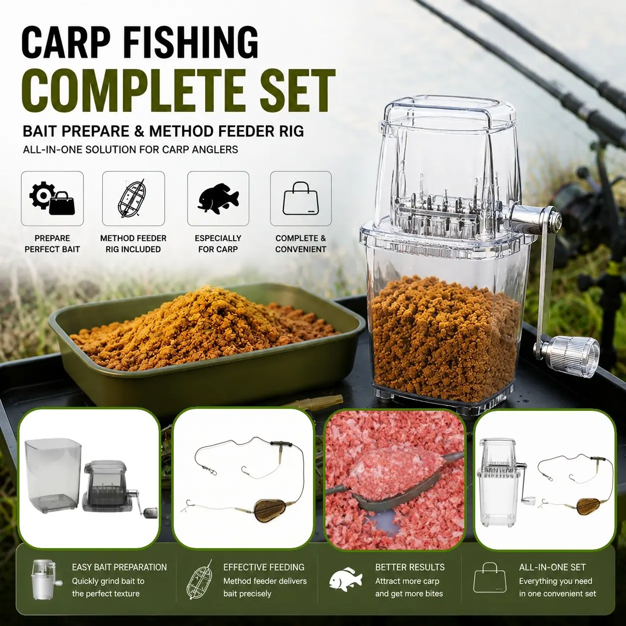 Complete Carp Fishing Tackle Combo Hand Operated Boilie Grinder + Ready Tied 50g Weight Method Feeder Rig For Boilie Bait Making