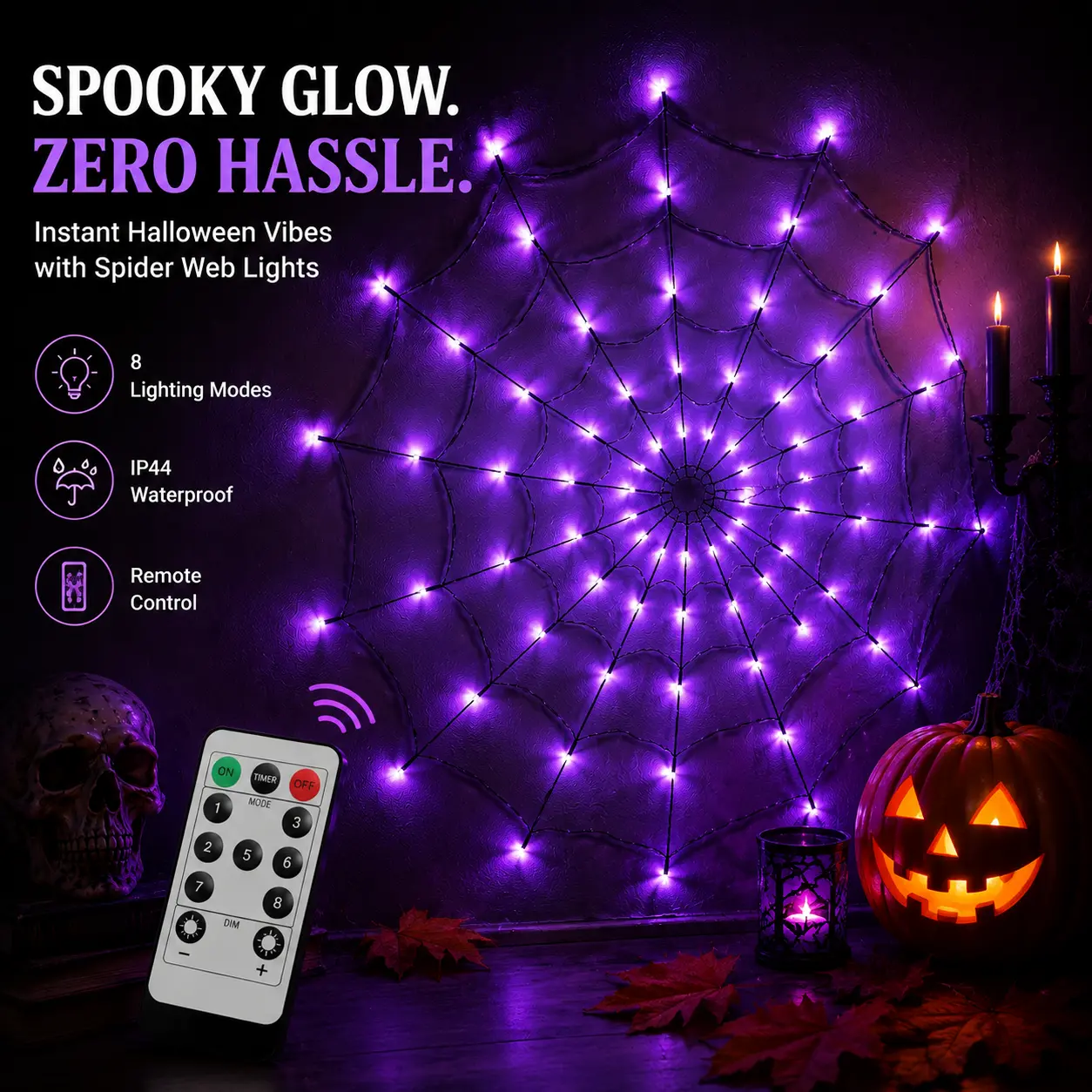 2026 New Halloween Purple LED Spider Web Lights, 1.2M 70 LED Hanging Web with 30CM Plush Spider, Remote Control, 8 Lighting Modes, Battery Powered Porch Party Decor-YY2