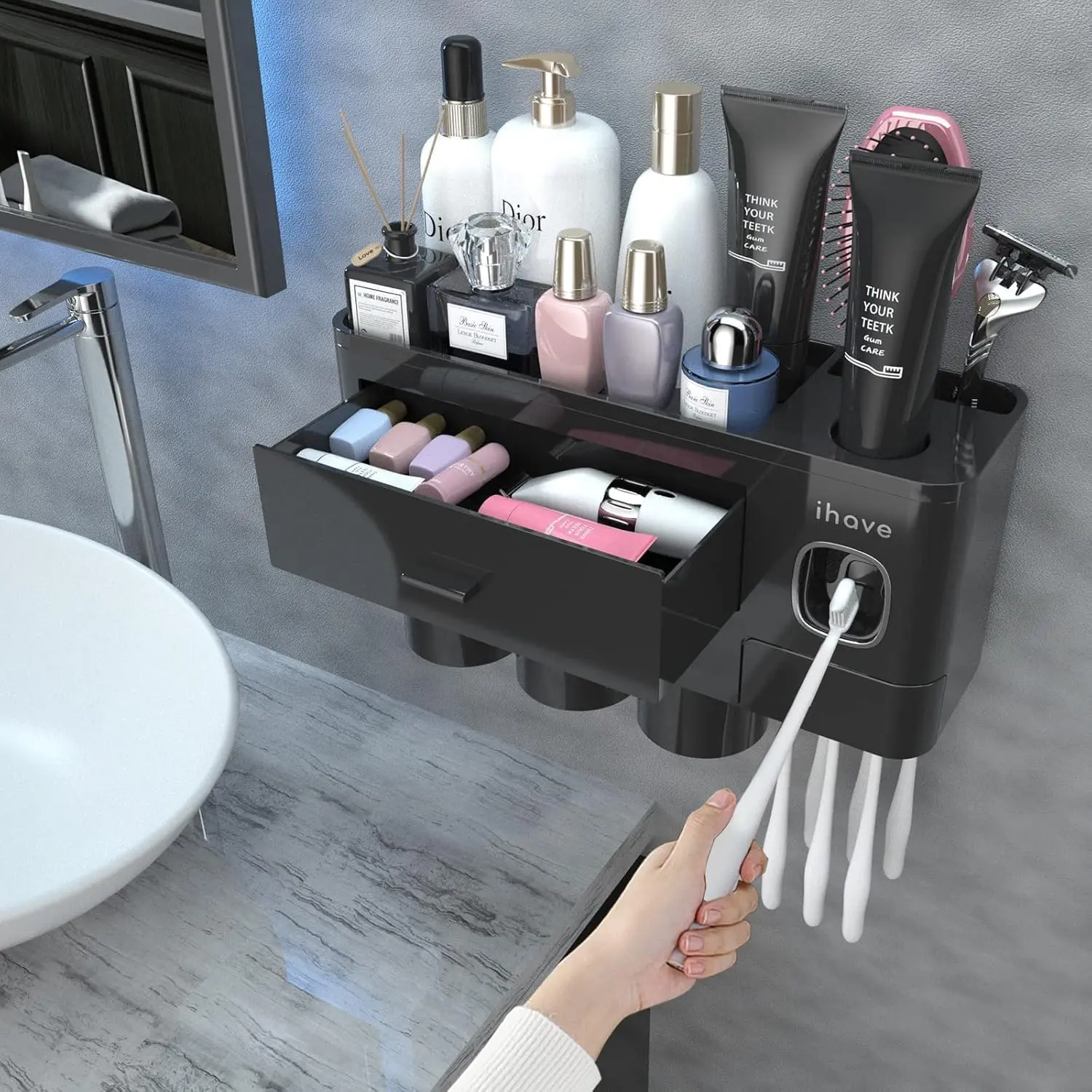 Wall Mounted Toothbrush Holder with Toothpaste Dispenser, 3 Cups, 6 Slots, Large Tray & Drawer - No Drilling Required, Plastic Composite, Functional Daily Bathroom Decorative Storage for Organizing Items