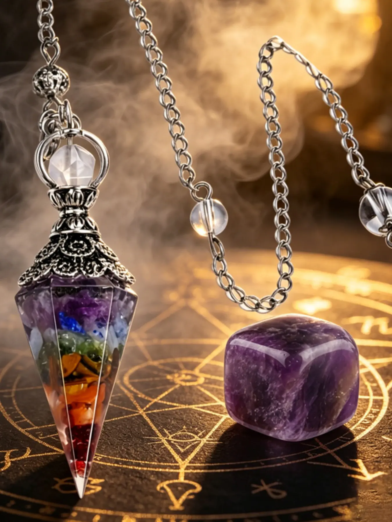 2pcs Natural Stone Crystal Pendulum Pendant, Amethyst Cube, Halloween Christmas Gift, Divination Spiritual Exploration, Halloween Accessory, Pendants Necklaces