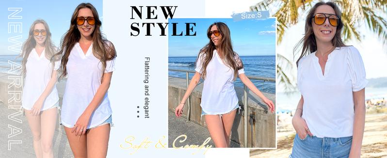 WIHOLL Women's Pleated Puff Sleeve Tops Summer V Neck Tunic Shirts Loose Curved Hem Blouses Dressy Casual S-3XL