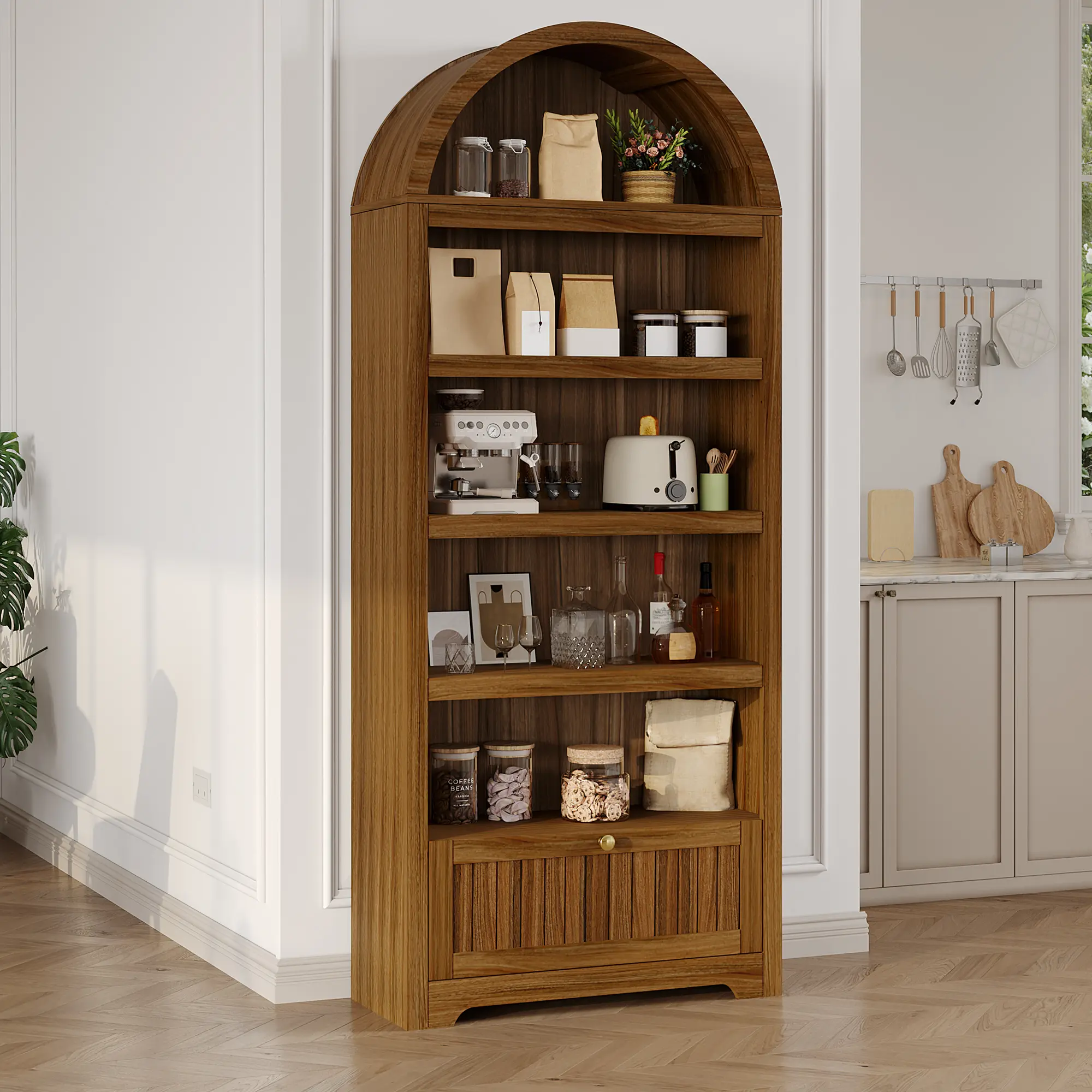 Hosslly 6-Tier Tall Arched Engineered Wood Bookcase - Freestanding Storage Unit with Drawer, Open Display Shelves, Anti-Tip Device - Mid Century Modern for Living Room, Home Office