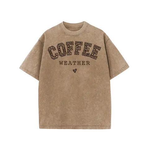 Holafish Acid Wash Cotton Coffee Graphic T-Shirt, Unisex Drop Shoulder Short Sleeve Tee, Relaxed Loose Fit Vintage Casual Streetwear Crew Neck Top
