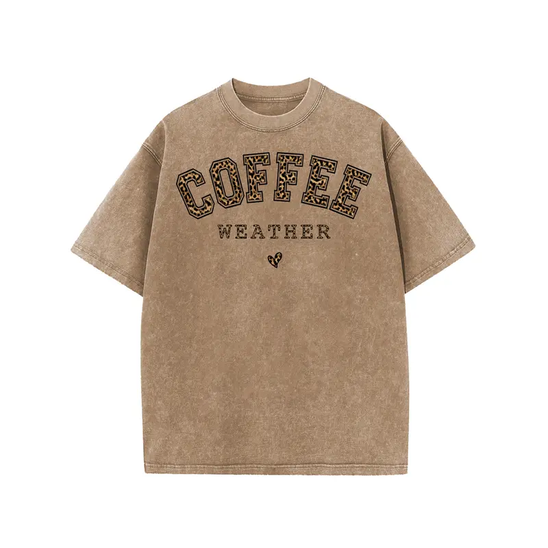 Holafish Acid Wash Cotton Coffee Graphic T-Shirt, Unisex Drop Shoulder Short Sleeve Tee, Relaxed Loose Fit Vintage Casual Streetwear Crew Neck Top