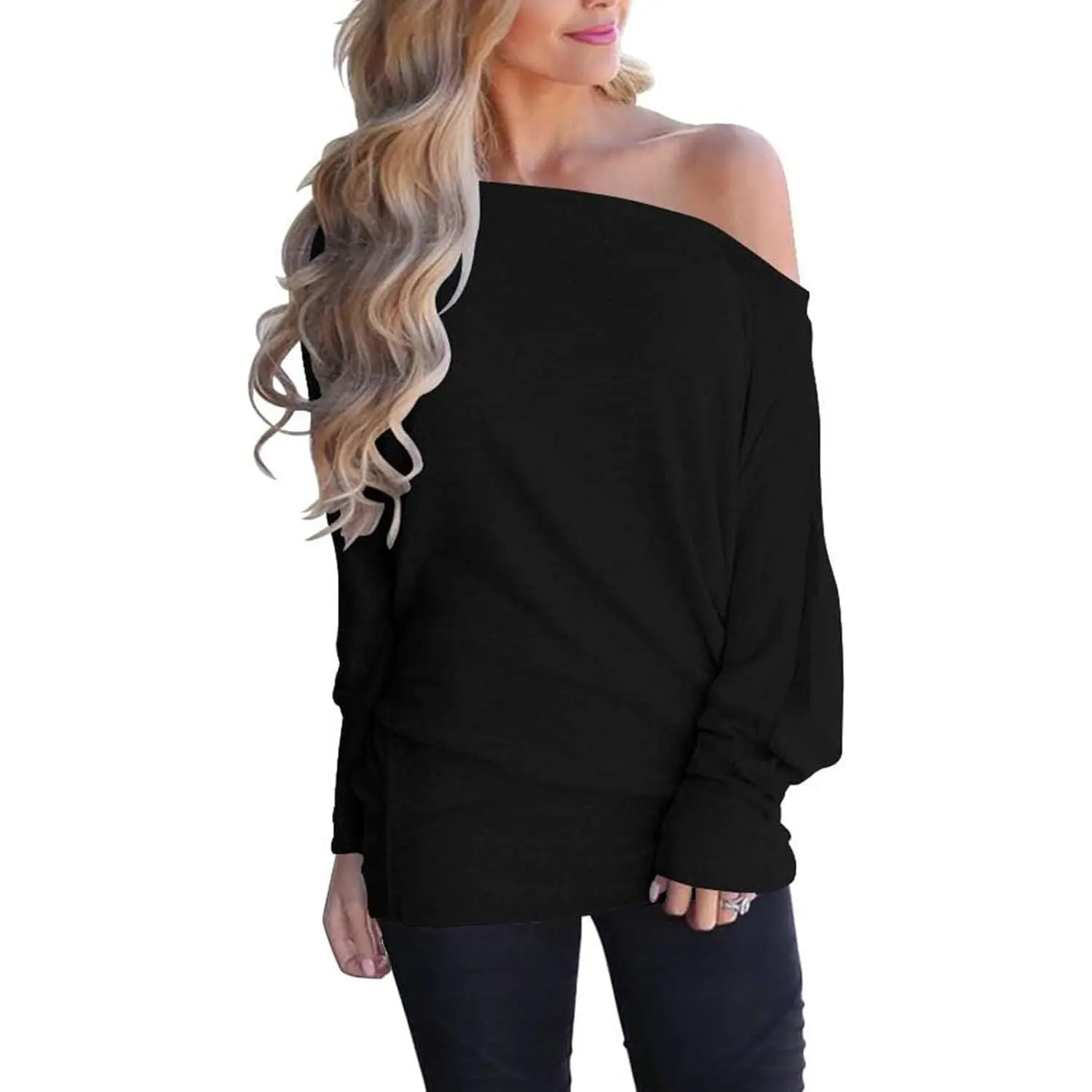 Women's Lady Off-Shoulder Long-Sleeve Batwing Tunic Top - Loose, Oversized Casual Shoulder Tops Blouses