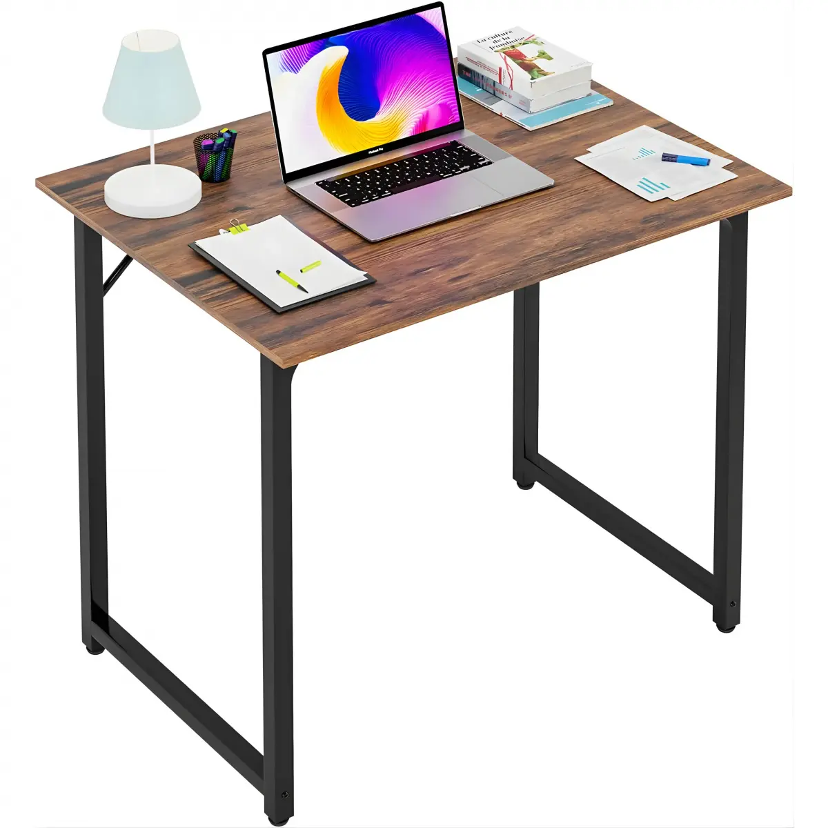 32-Inch Minimalist Brown Metal Computer Desk - Sturdy Steel Frame, Anti-Slip Adjustable Feet, Water-Resistant Scratchproof Surface, Easy Assembly & Care, Compact Kids Study Desk for Home Office, Dorms