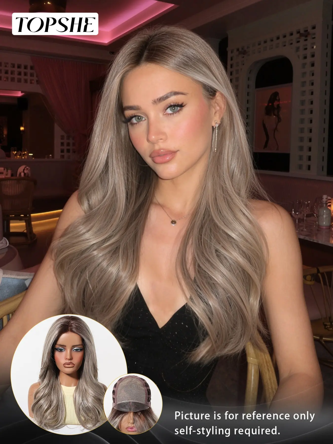 Topshe Viral Mono Lace Top Long Wavy Wig, Dark Root Silver Ash Cool Tone Balayage Hair, FUTURA Imported Mixed Fibers, Hand Plucked Natural Hairline, Glueless Wear & Go Heat Resistant Synthetic Wig, Premium Mono Cap Wig For Club Party Photoshoot Edgy Glam