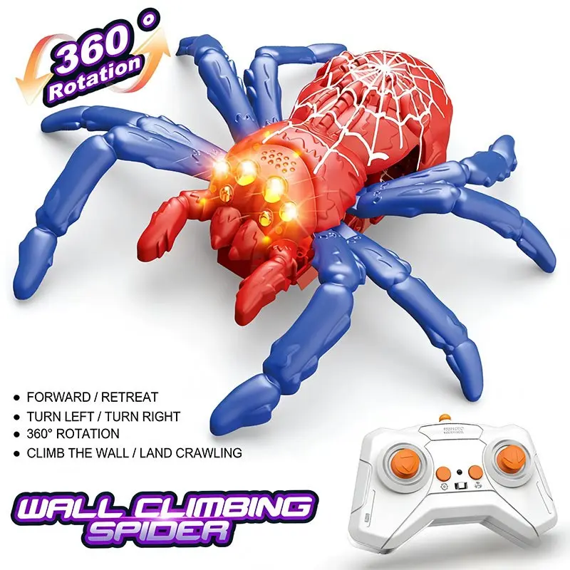 Spider-Shaped Wall-Climbing Remote Control Toy -Remote Control Artificial Spider Toy Animals - Durable Rechargeable Electric ABS Plastic, LED Glowing Eyes, 360° Spin Motion, Unisex Kids Indoor Play & Party Item, Christmas and Halloween Gifts.