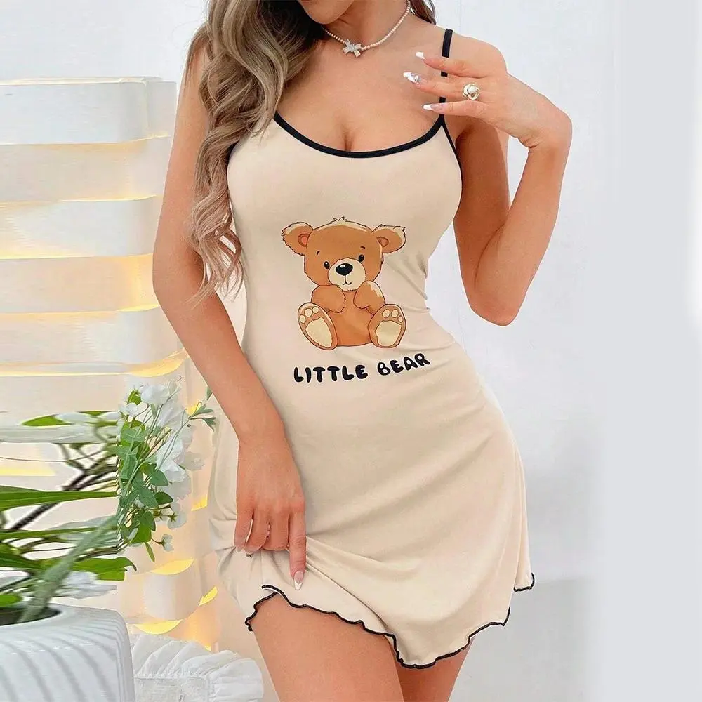 Women's Cute Bear Print Sleep Dress, Spaghetti Strap Mini Nightgown, Soft Comfortable Cami Nightdress for Sleeping, Loungewear, Relaxing at Home & Everyday Wear