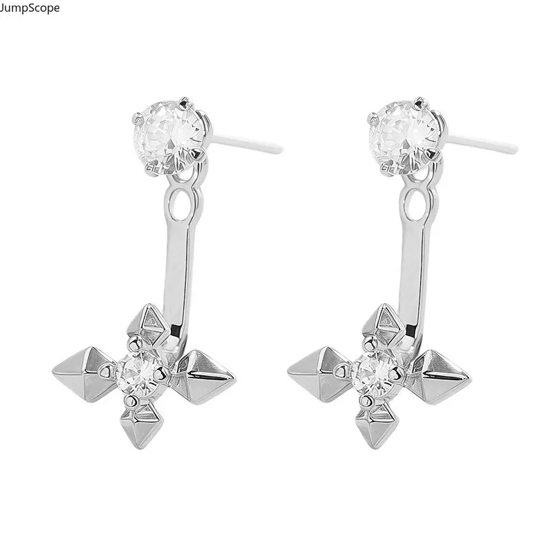 Silver Cross Star Paved CZ Drop Stud Earrings For Women Men, 2-Way Wear Gothic Irregular Spike Crystal Dangle Ear Jewelry, Neutral Street Trend Classic Four-Pointed Star Cross Dangling Earring Gift