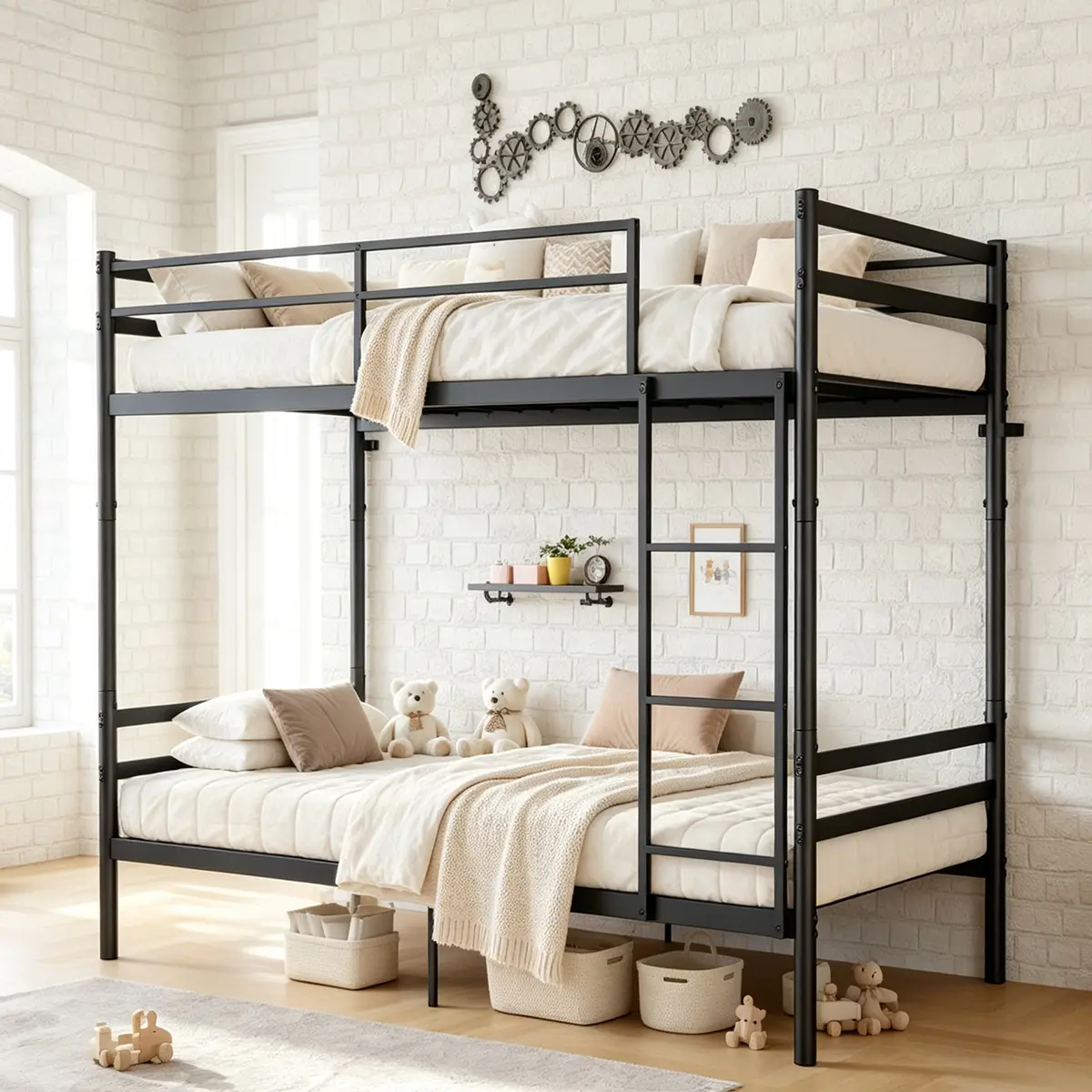 Twin Over Twin Metal Bunk Bed with Ladder and High Guardrail - Convertible Splittable Bunk Bed Frame with Under Bed Storage Space, Noise Free, BLACK