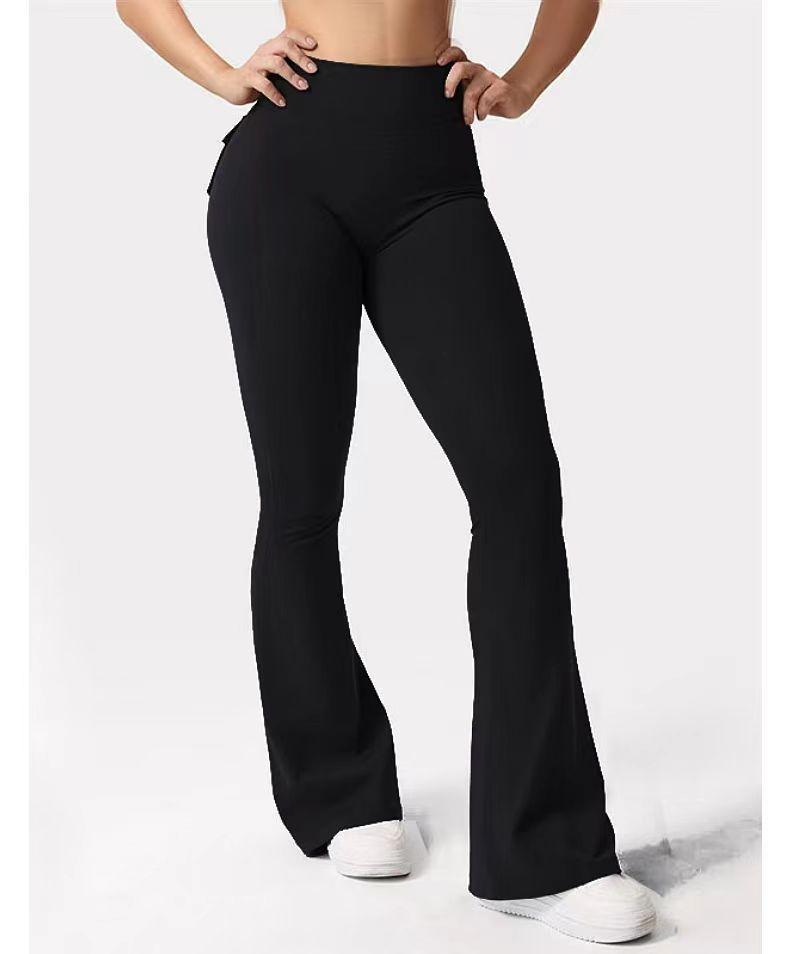 Super Elastic Faux Nylon Seamless Sports Fitness Cargo Pants for Women High Waist Tummy Control Nine-Point Long Pants in Black