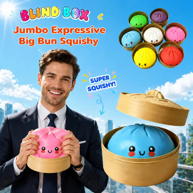 10.6" Expressive Bun Squishy Slow Rising TPR Stress Relief Fidget Toy, Blind Box Random Dumpling Sensory Squeeze Toy, Kawaii Food Shaped Desk Ornament, Anti-Stress Anxiety Calming Gift for Teens Adults Graduation Holiday Present