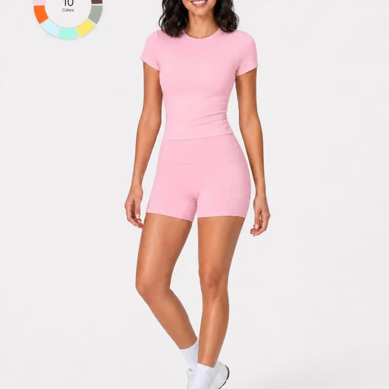 Women's Two-Piece Sports Set, Soft Short Sleeve Crop Top & High Waist Pocket Shorts, Casual Yoga Fitness Wear for Running, Gym and Training, High Elastic Activewear, Breathable Sportswear, Workout Sets
