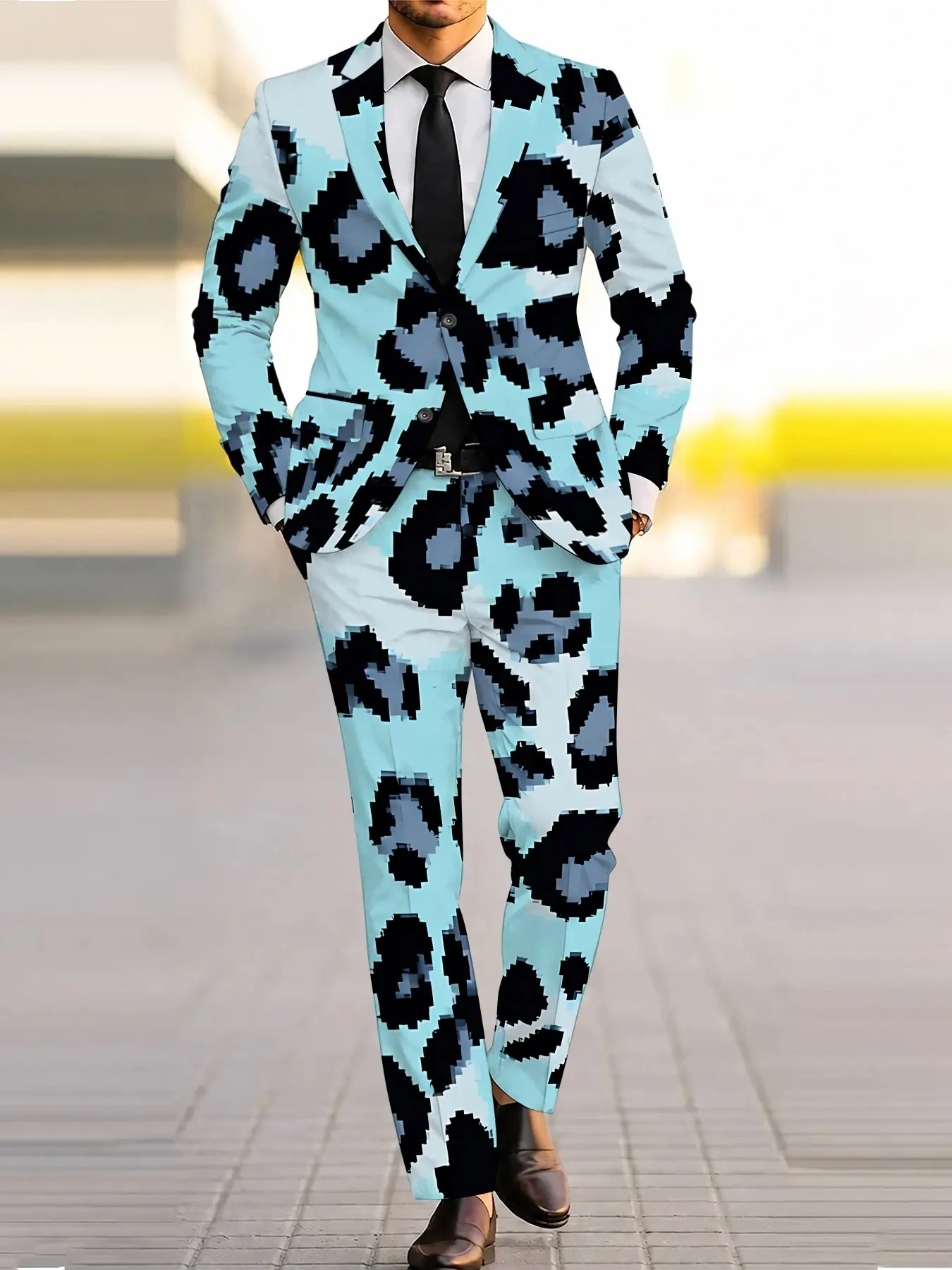 Men's Two-Piece Suit Set, Light Blue Pixel Leopard Print Blazer + Pants, Casual Evening Wear, Party, Music Festival, Stage Performance