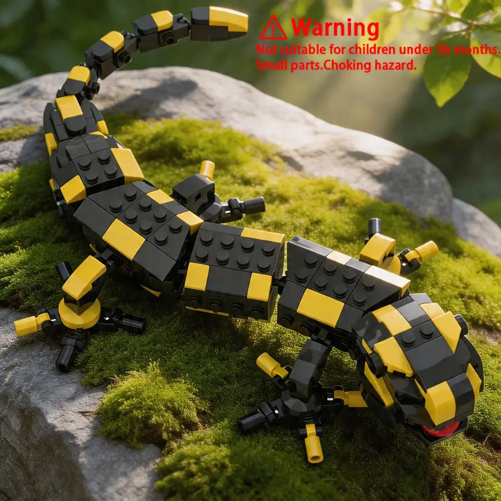 Creative Fire Salamander Building Blocks Set, 180PCS Movable Articulated Reptile DIY Building Model Kit, Black Yellow Lizard Animal Toy, Educational STEM Building Bricks for Collectors, Perfect Desk Decor & Birthday Gift, Building Block Sets