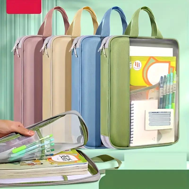 1pc Durable Nylon Transparent File Folder with Shoulder Strap - Multi-Compartment Organizer for Students, Teachers & Professionals, Pastel Colors (Beige/Blue/Green/Pink) - Portable Document Holder for Homework