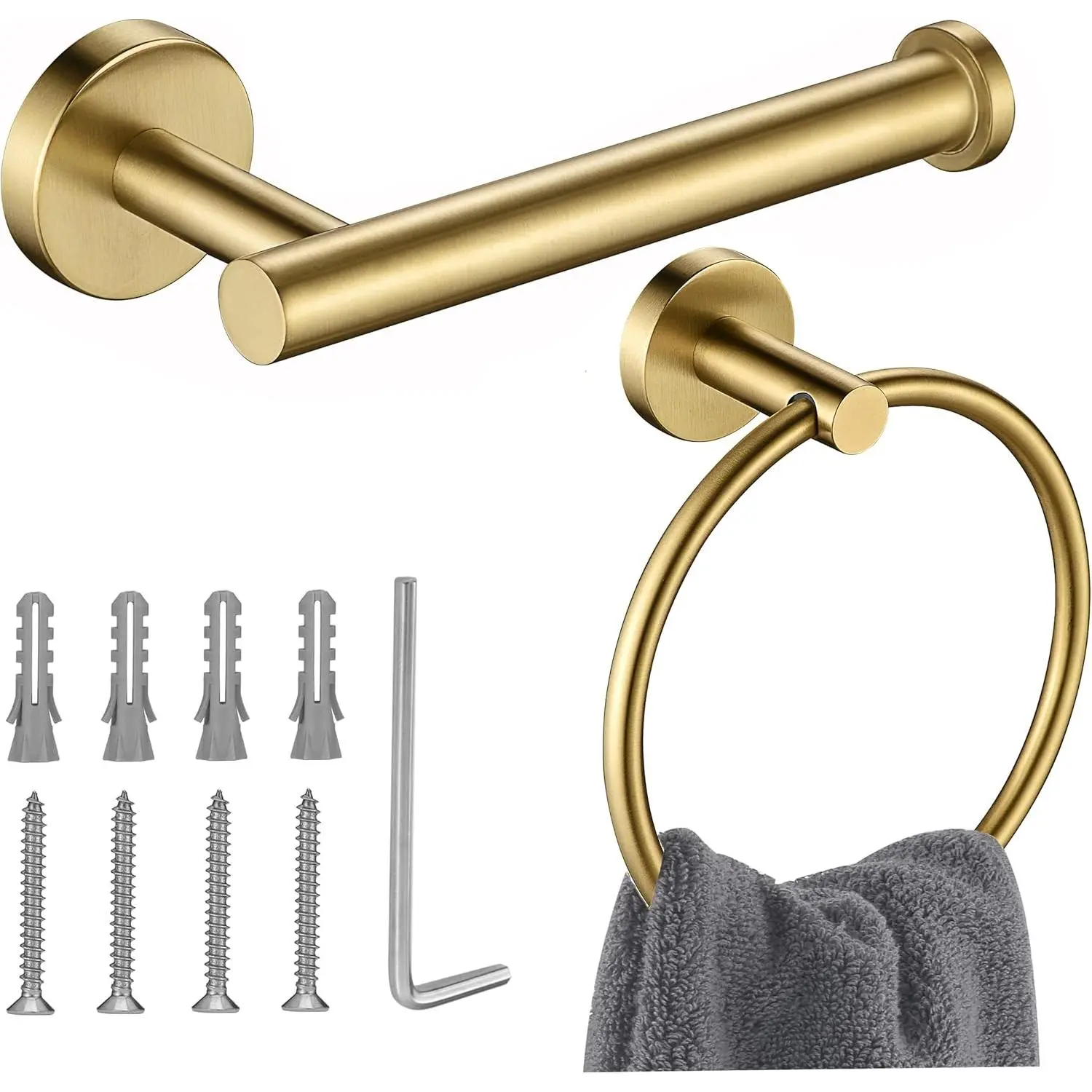 Gold Toilet Paper Holder, Towel Ring Set 2 Pieces Hand Towel Holder for Bathroom Hardware Accessories Set SUS304 Stainless Steel Sturdy Wall Mount Bathroom Holder…