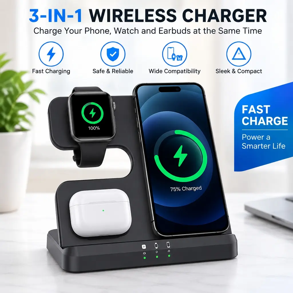 3-in-1 Desktop Vertical Wireless Charger, 15W Fast Charging Station, Multi-Device Charging Dock for Samsung Phone & Watch,Pre-lit