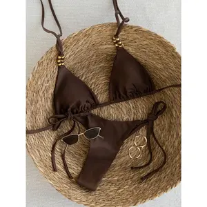 Brown Elegance - Metal Beaded Triangle Bikini Swimsuit