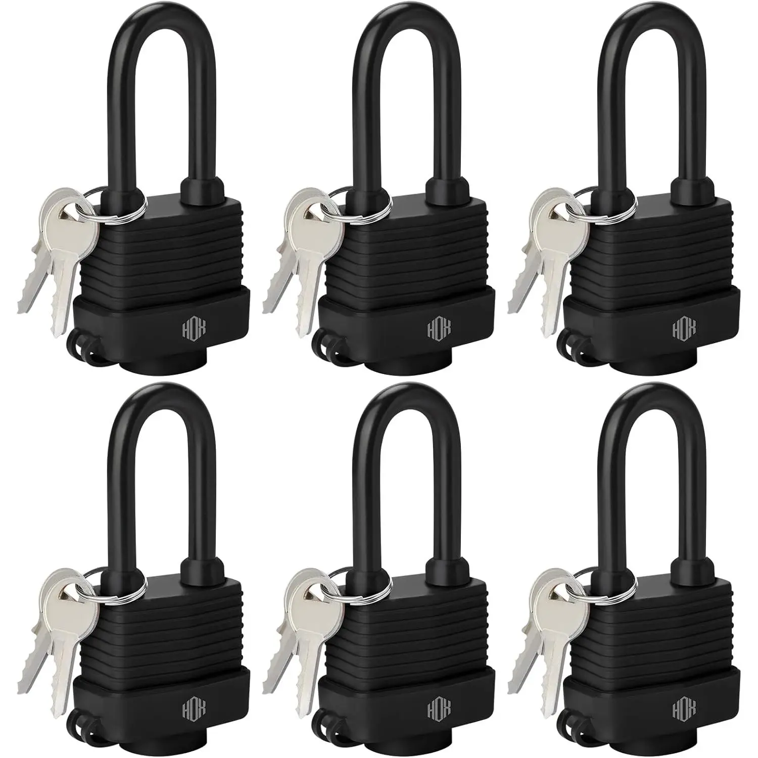 HOX 6-Pack Keyed Padlocks - 40mm Laminated, Chrome-Plated, 2-in Vinyl-Wrapped Shackle, Versatile Security Locking Solution