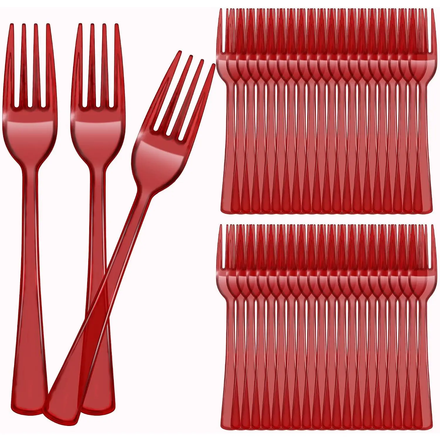 100 count Red Plastic Forks, Disposable Heavy Red Clear Cutlery Forks 7.3 Inch, Plastic Silverware Utensils for Party Birthday Wedding  Shower Graduation Halloween Daily Use