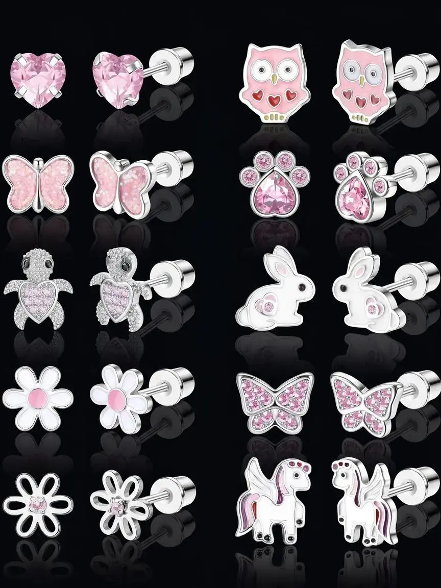 10 Pairs Cute Screwed Stud Earrings for Women, Girls, Stainless Steel Multicoloured Heart, Flower, Butterfly, Rainbow CZ Stud Earrings, Hypoallergenic Screw Back Earrings, Stud Earring Jewelry