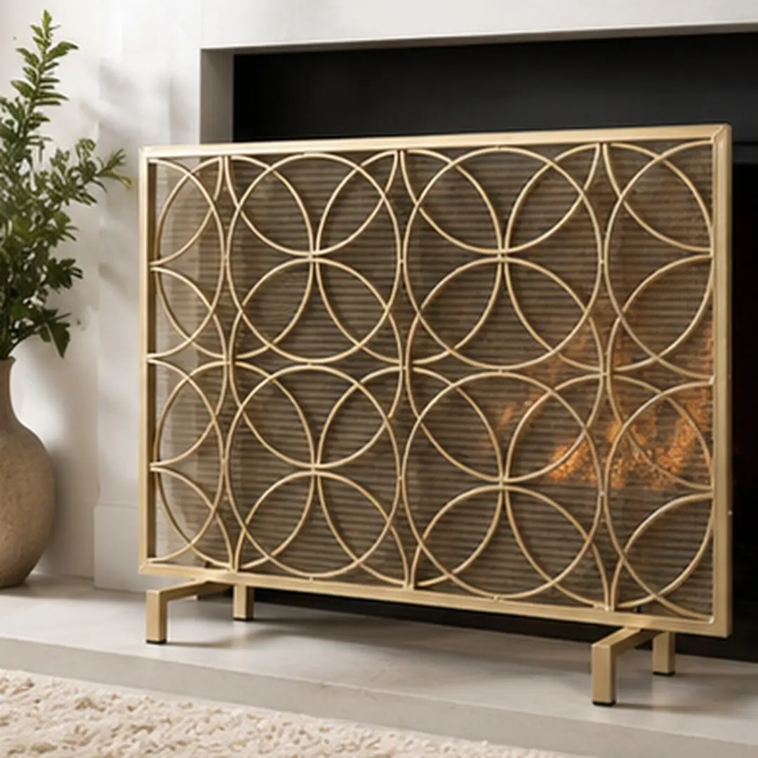 ARCH Gold Iron Fireplace Screen Modern Overlapping Circle Design Single Panel Fire Screen with Durable Iron Frame for Living Room Fireplace Hearth Ember Protection 41.1"W x 31.1"H, Gold Color Options, Iron Material, Product Weight: 9.81 lb