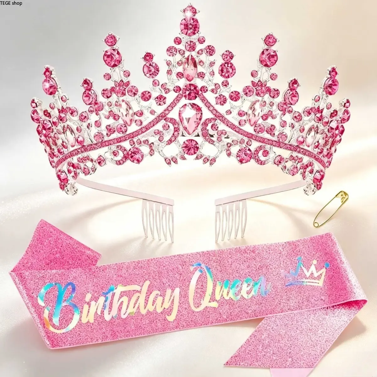 26Th Birthday Tiara and Sash Set for Women, Baroque Rhinestone Regal Crown with Printed Birthday Queen Satin Sash, Elegant Sparkling Hair Accessories, Milestone Birthday Party Decor, Photo Props Gifts for Teen Girls and Adult Ladies