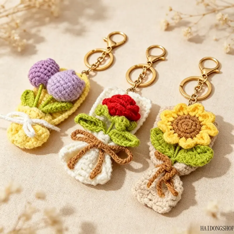 Viral Cottagecore Soft Girl Aesthetic Sweet Handmade Yarn Crochet Flower Bouquet Charm, Intricate Heavy Craft Knitted Floral Bag Pendant, Trendy Accessory For Handbag Backpack Best Friend  Daily Outfit Styling mini couple valentine day  unique key elegant