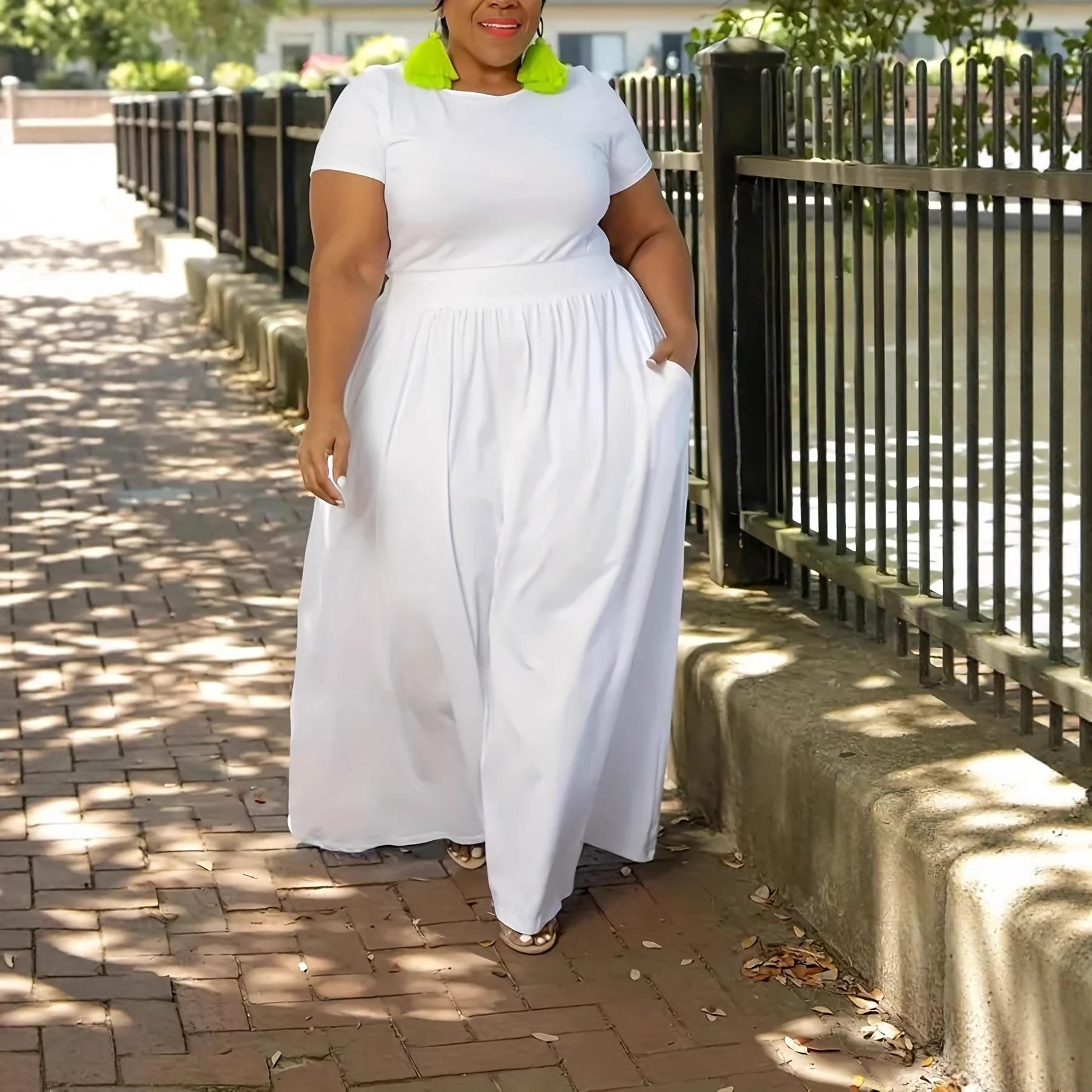 GGFL Women Solid Color High Waist Flared Short Sleeve Plus Size Midi Dress.Plus Size Solid Color High Waist Flowy Short Sleeve Midi Dress.Solid High Waist Flared Short Sleeve Plus Size Dress