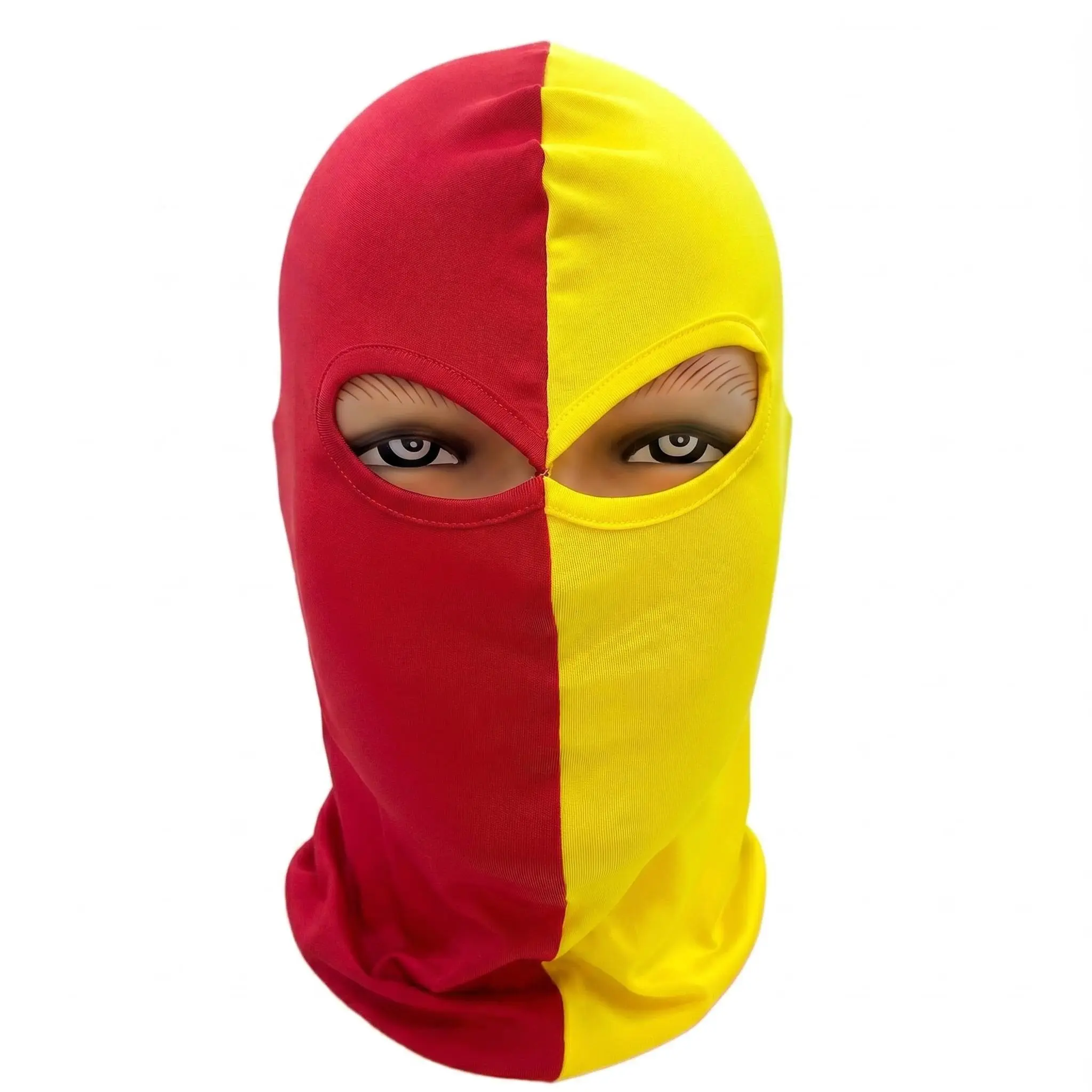 1 Pack Red Yellow Split Color Knit Balaclava Mask, Trendy Holiday Costume Head Cover, Stretch Lightweight Soft Breathable Full Face Neck Gaiter for Adult Cycling Jogging Camping Scooter Daily Party Outfit