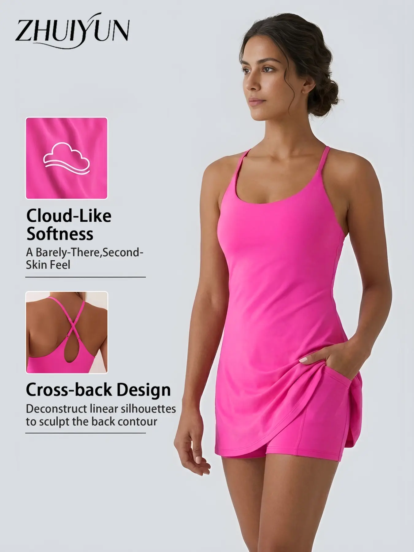 Women's Sexy Backless Dress with Pocketed Shorts, Casual Daily Commute, Plain Surface, 88.2g/m² Weight, Cross Design