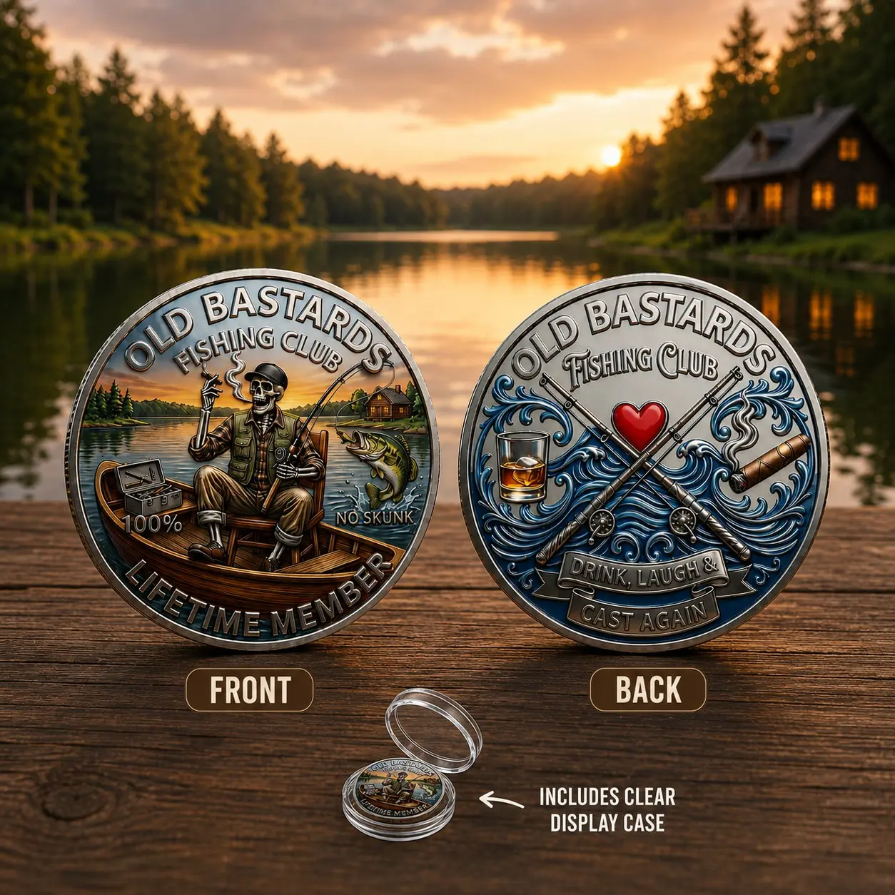 The Eternal Fisherman's Challenge Coin – Old Bastards Fishing Club Collectible Coin, 3D Funny Whiskey & Cigar Theme Coin, Fishing Humor Gift for Men & Friends