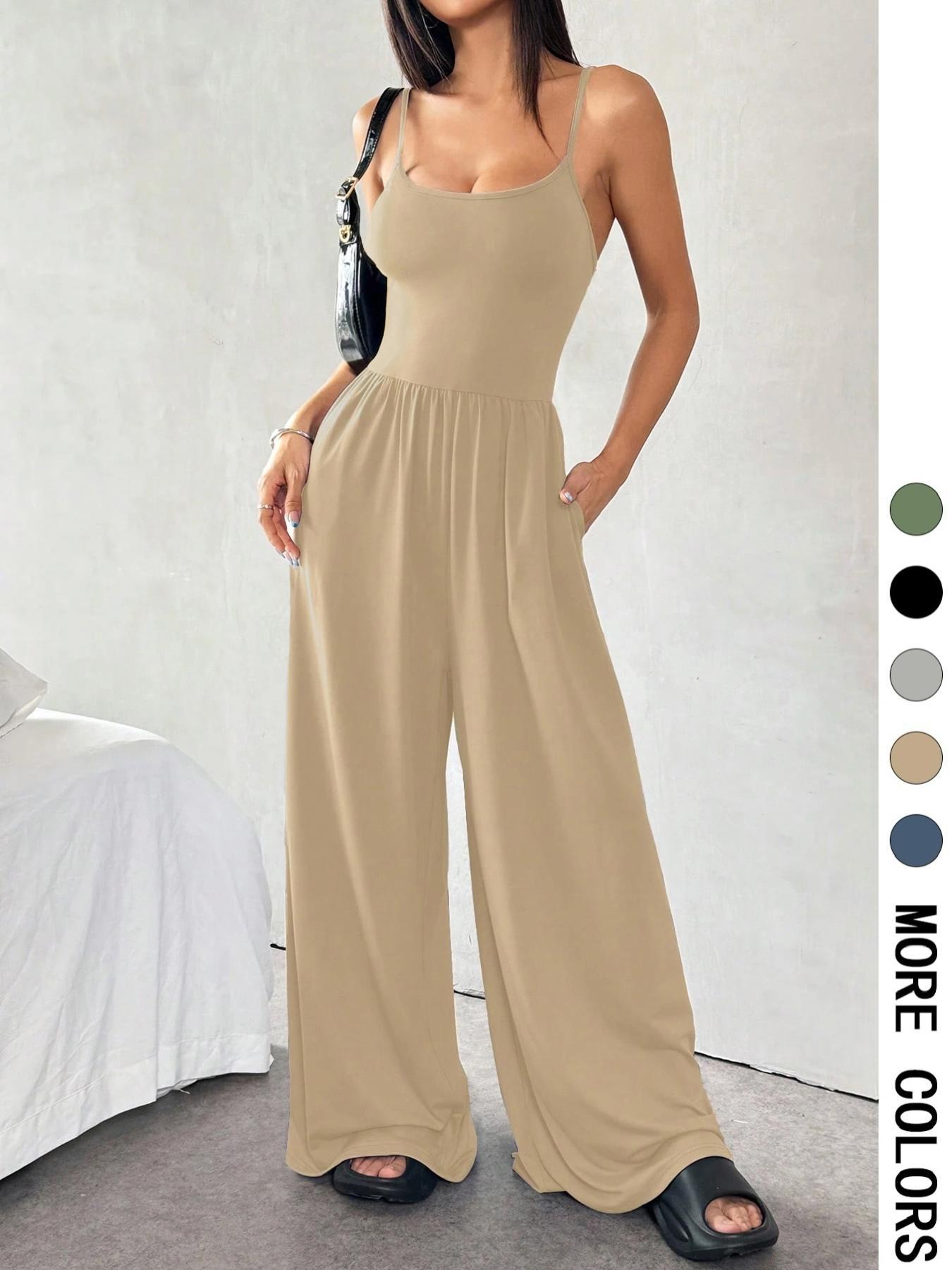 Women's Solid Color Cami Jumpsuit, Casual Comfy Wide Leg Jumpsuit for Summer, Women's Jumpsuit for Daily Wear